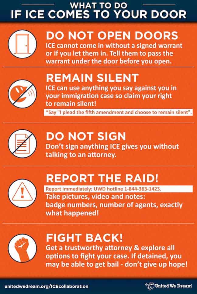 Flyer with instructions of what to do if ICE comes to your door